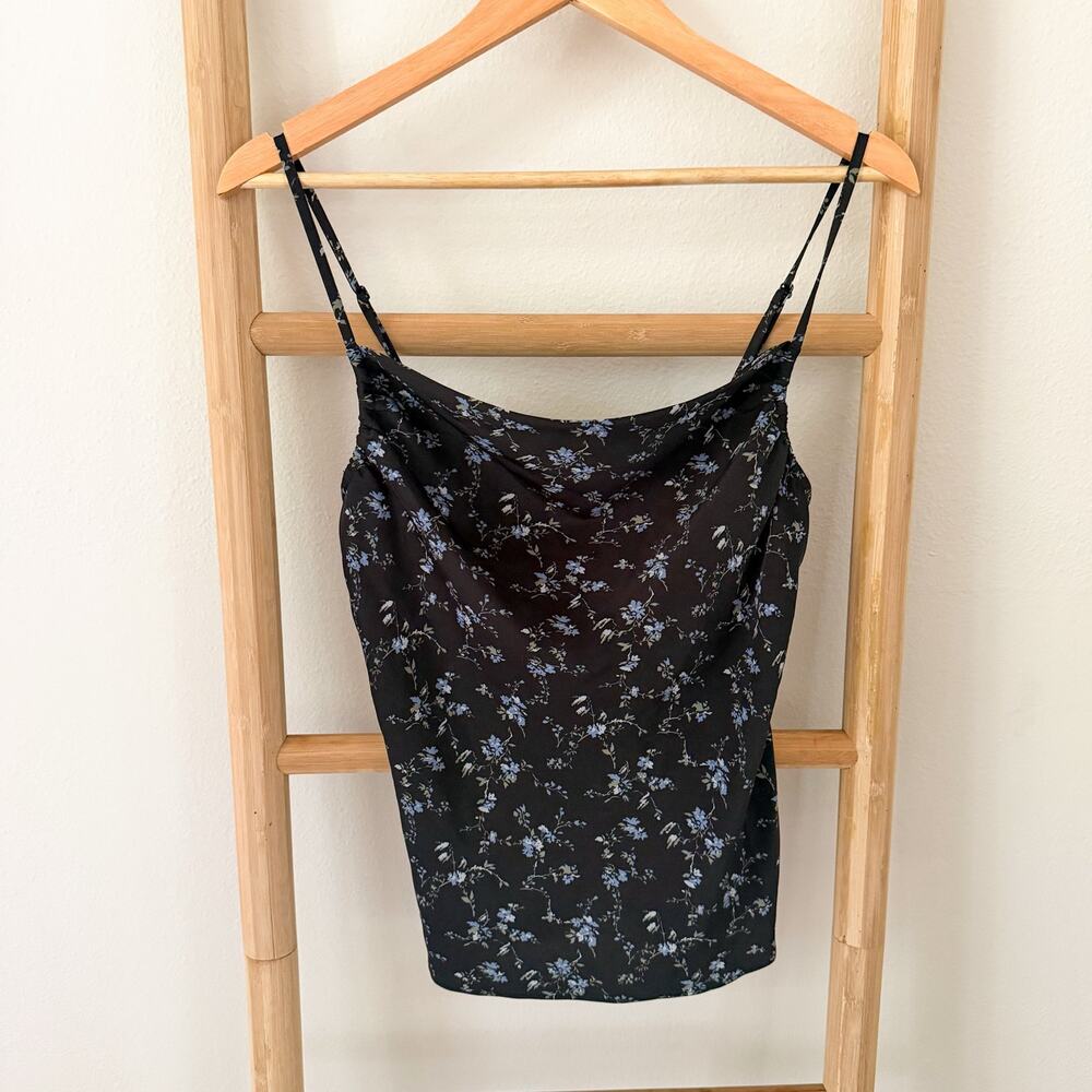 Oak + Fort Floral Cowl Neck Cami Top Women’s Small Black Blue Y2K Strappy
